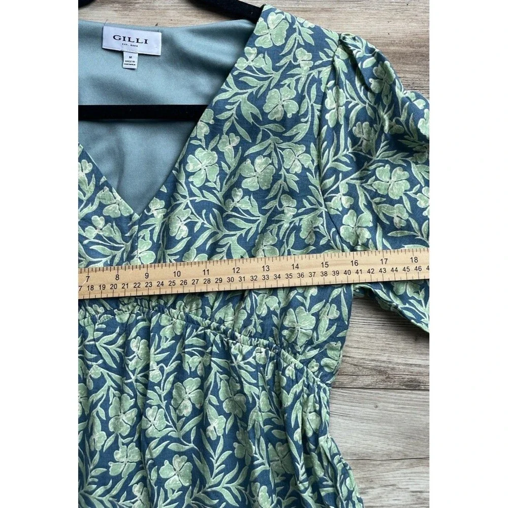 New Gilli Dress Blue Green Leaf-Print V-Neck Maxi Boho Dress Medium Rayon Lined - Picture 5 of 7